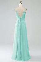 Laden Sie das Bild in den Galerie-Viewer, Pfau A-Linie Spaghettiträger Plissee Chiffon Langes Brautjungfernkleid