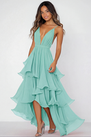 Laden Sie das Bild in den Galerie-Viewer, Rotes Gestuftes Ballkleid aus Chiffon mit Spaghettiträgern und Rüschen