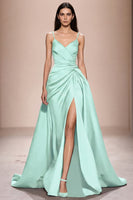 Laden Sie das Bild in den Galerie-Viewer, Dunkelblaues Spaghettiträgern Abendkleid aus Satin in A-Linie mit Schlitz