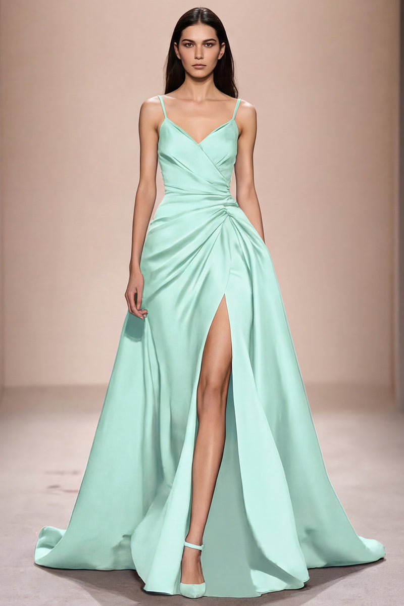 Laden Sie das Bild in den Galerie-Viewer, Dunkelblaues Spaghettiträgern Abendkleid aus Satin in A-Linie mit Schlitz