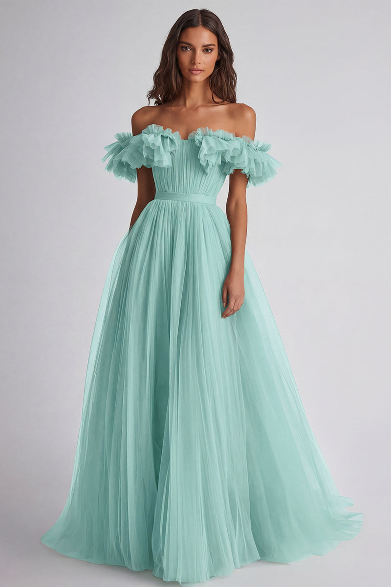 Laden Sie das Bild in den Galerie-Viewer, Dusty Sage Schulterfreies Rüschen A Linie Abendkleid