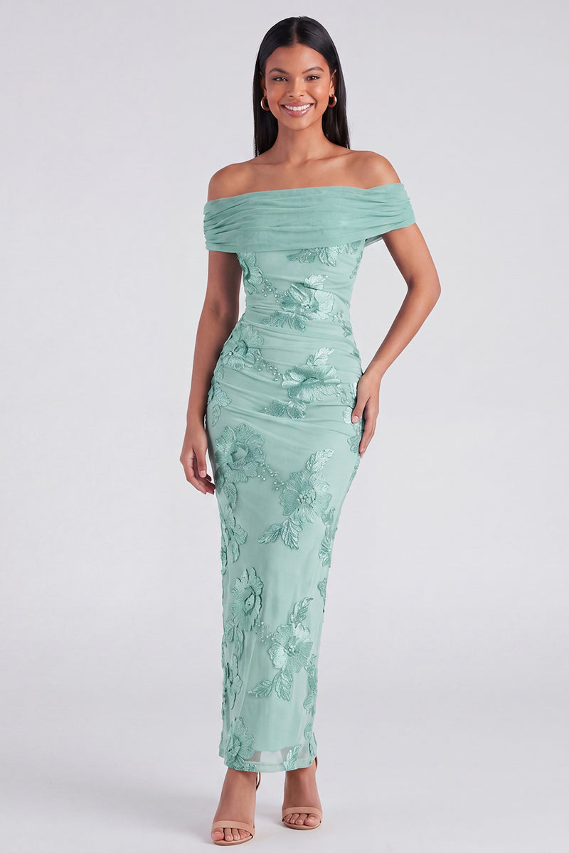 Laden Sie das Bild in den Galerie-Viewer, Off-the-shoulder gelbes, bodycon-appliquiertes Maxi-Blumenkleid mit Schlitz