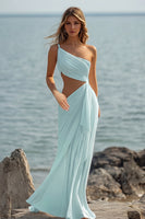 Laden Sie das Bild in den Galerie-Viewer, Weißes Etui Langes Boho Strandkleid mit einer Schulter und Rüschen