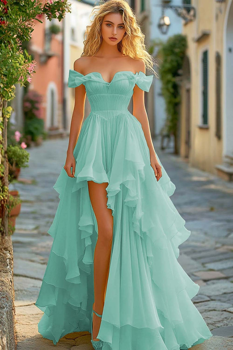 Laden Sie das Bild in den Galerie-Viewer, Gelbes Gerüschtes A-Linie Ballkleid mit Schlitz