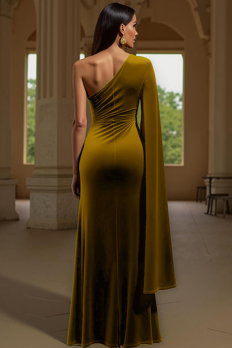 Laden Sie das Bild in den Galerie-Viewer, Dunkelgrünes Einschultriges Langärmeliges Festtags-Partykleid aus Samt mit Schlitz