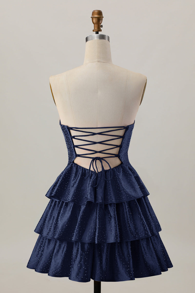 Laden Sie das Bild in den Galerie-Viewer, Orange A-Linie Trägerloses Gestuftes Abiballkleid mit Perlenstickerei