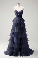 Laden Sie das Bild in den Galerie-Viewer, Orange Herzausschnitt Prinzessin Gestuftes Langes Ballkleid mit Schlitz