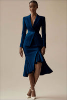 Laden Sie das Bild in den Galerie-Viewer, Elfenbein 2-teiliges Midi Arbeitskleid mit spitzem Revers und Rüschen