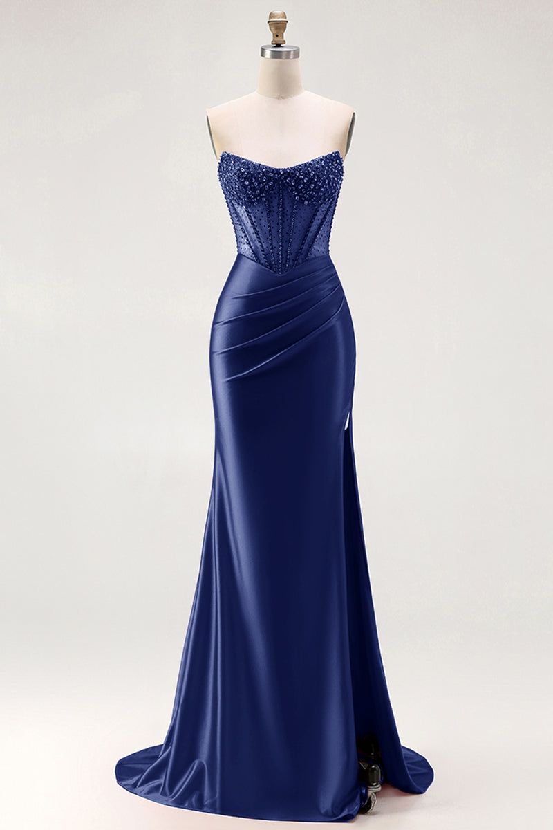 Laden Sie das Bild in den Galerie-Viewer, Rotes Trägerloses Meerjungfrauen Korsett Gerafftes Satin Langes Ballkleid mit Schlitz