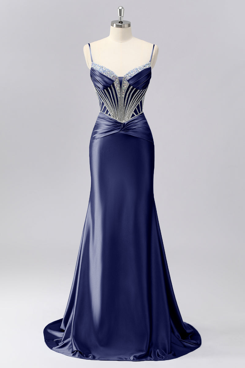 Laden Sie das Bild in den Galerie-Viewer, Glitzerndes Grau-blaues Spaghettiträger Meerjungfrauen Satin Ballkleid mit Strasssteinen