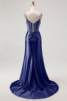 Laden Sie das Bild in den Galerie-Viewer, Meerjungfrau Spaghettiträger Korsett Blush Langes Ballkleid mit Strasssteinen