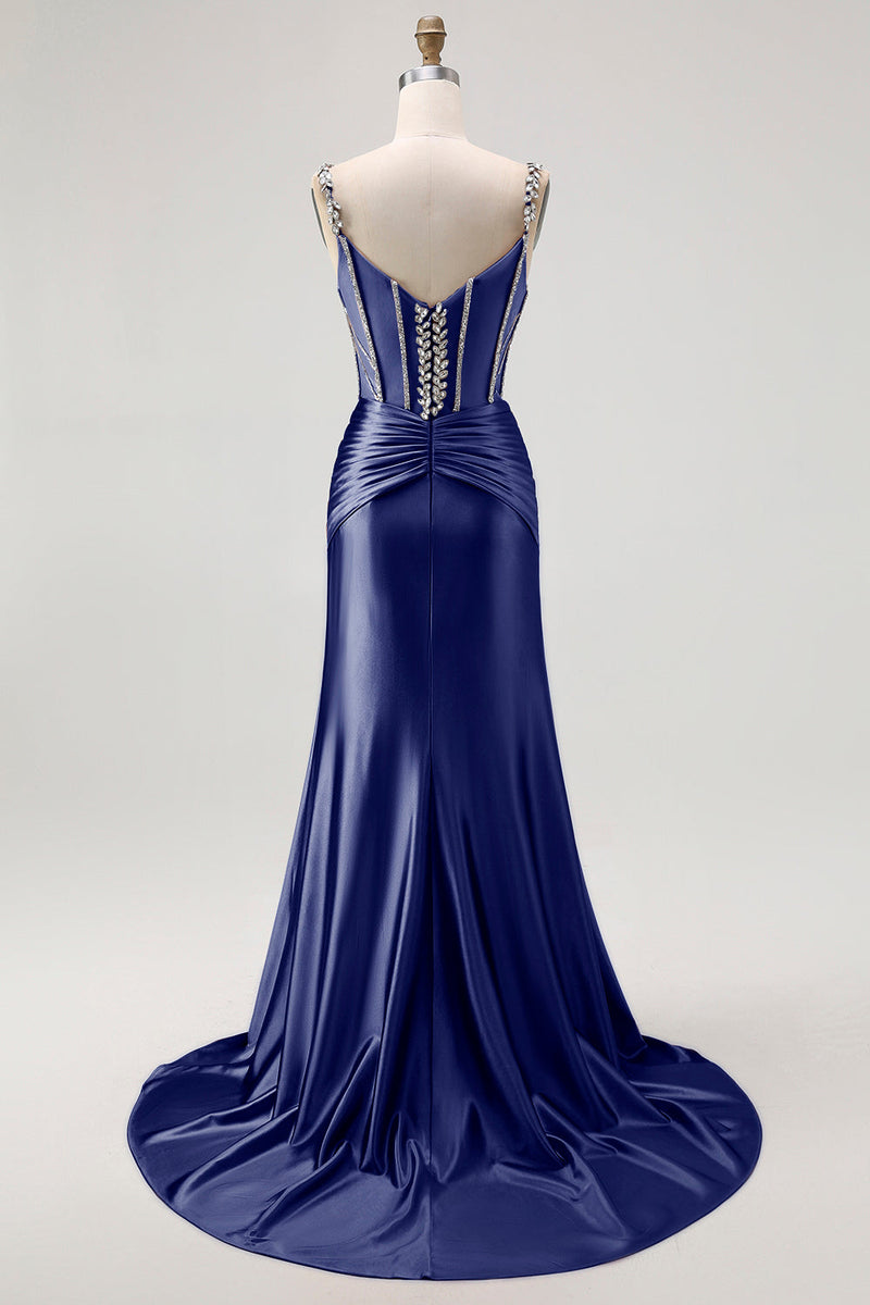 Laden Sie das Bild in den Galerie-Viewer, Meerjungfrau Spaghettiträger Korsett Blush Langes Ballkleid mit Strasssteinen