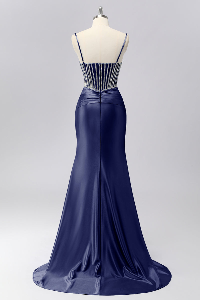 Laden Sie das Bild in den Galerie-Viewer, Glitzerndes Grau-blaues Spaghettiträger Meerjungfrauen Satin Ballkleid mit Strasssteinen
