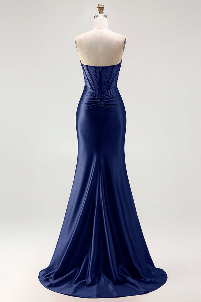 Laden Sie das Bild in den Galerie-Viewer, Rotes Trägerloses Meerjungfrauen Korsett Gerafftes Satin Langes Ballkleid mit Schlitz