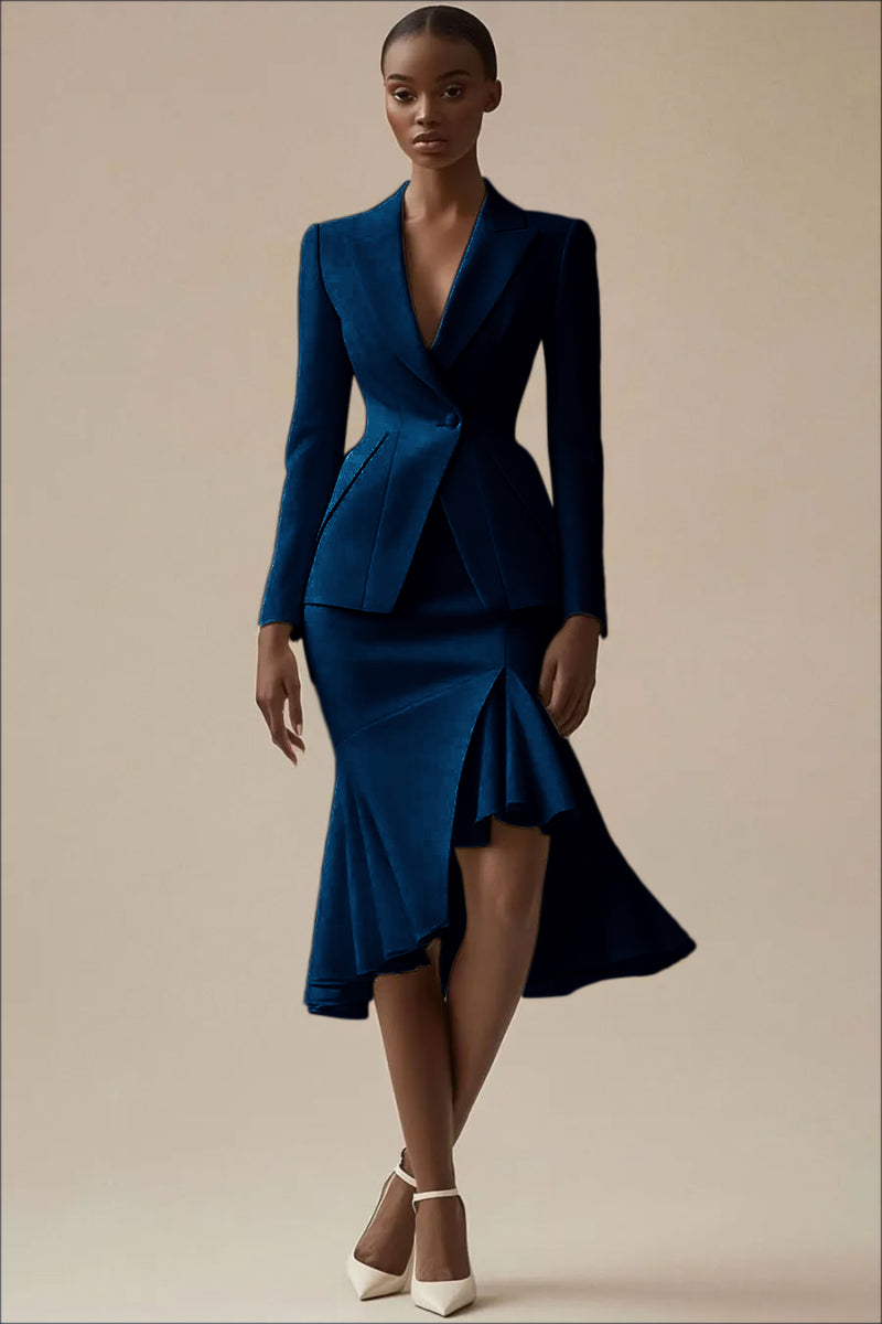 Laden Sie das Bild in den Galerie-Viewer, Elfenbein 2-teiliges Midi Arbeitskleid mit spitzem Revers und Rüschen