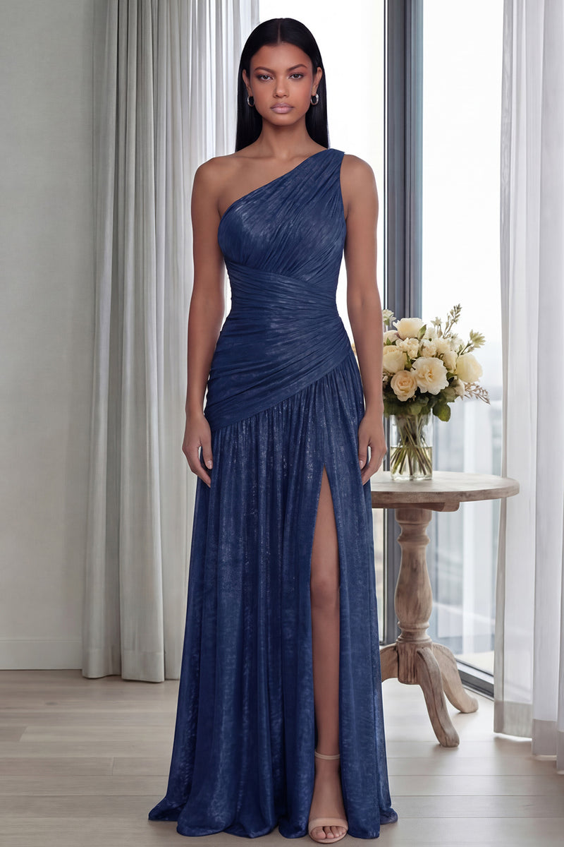 Laden Sie das Bild in den Galerie-Viewer, Golden Einschulteriges Falten Langes Festkleid mit Schlitz