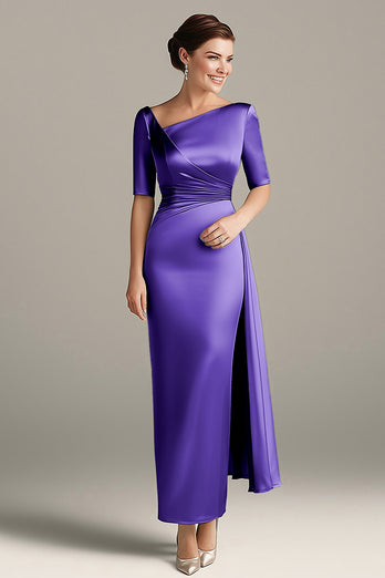 Silbergraues Etui Mutterkleid aus Satin mit halben Ärmeln