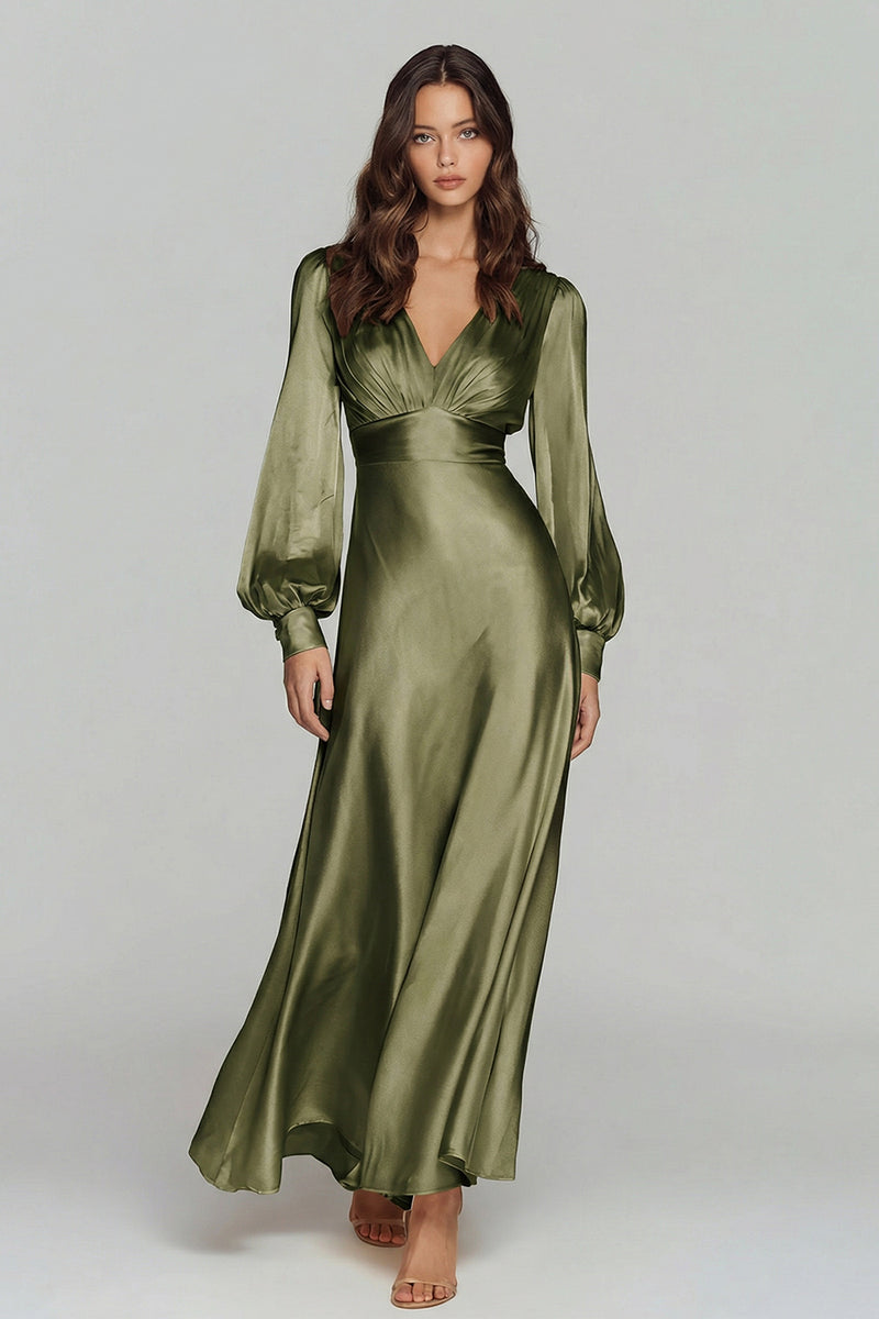 Laden Sie das Bild in den Galerie-Viewer, Champagner Satin V-Ausschnitt A-Linie Langes Ballkleid