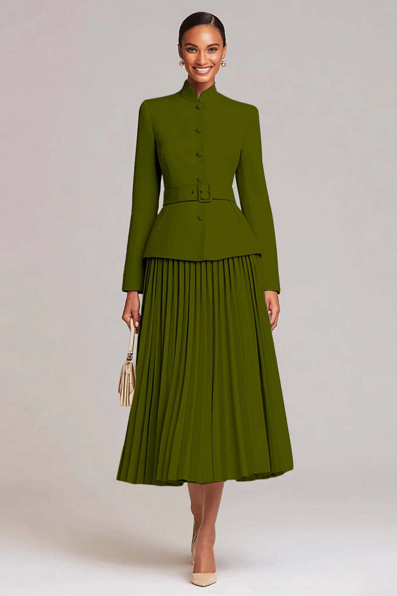 Laden Sie das Bild in den Galerie-Viewer, Hellrosa A-Linie 2-teiliges Plissiertes Arbeitskleid mit Gürtel