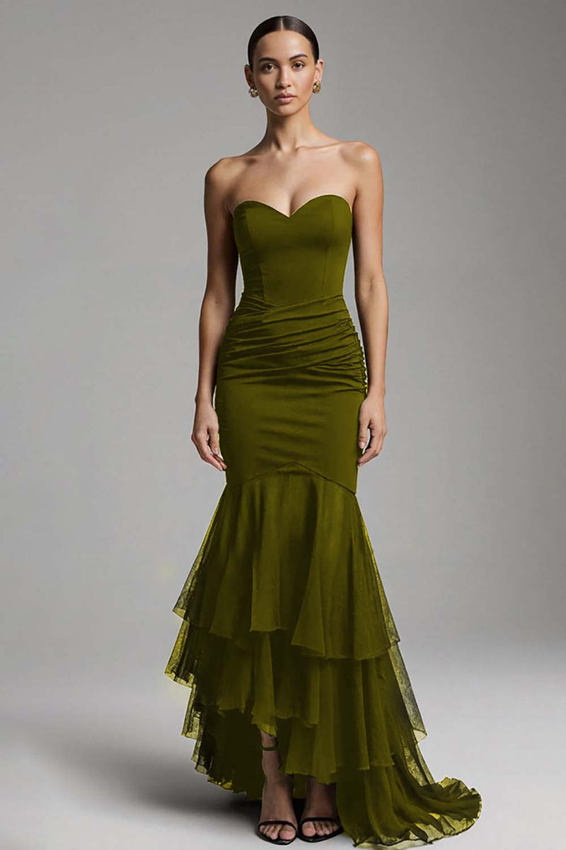 Laden Sie das Bild in den Galerie-Viewer, Schwarzes Meerjungfrau Herzausschnitt Sweep Train Maxi Ballkleid mit Rüschen