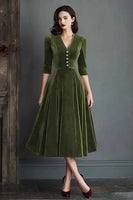 Laden Sie das Bild in den Galerie-Viewer, Burgunder A-Linie V-Ausschnitt Samt Arbeitskleid mit halben Ärmeln