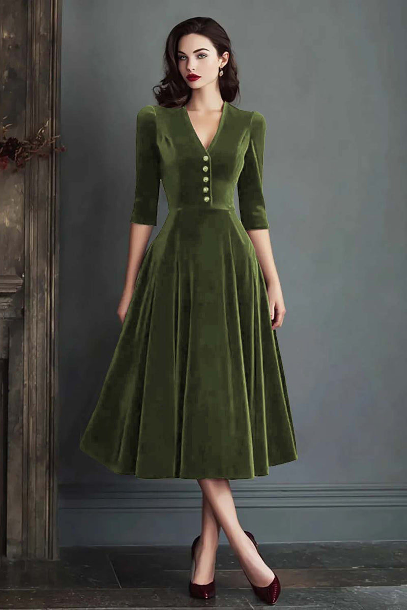 Laden Sie das Bild in den Galerie-Viewer, Burgunder A-Linie V-Ausschnitt Samt Arbeitskleid mit halben Ärmeln