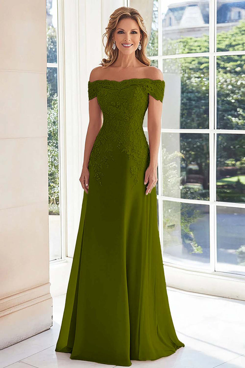 Laden Sie das Bild in den Galerie-Viewer, Elegantes Schulterfreies Chiffon Etui Langes Brautmutterkleid mit Spitzenapplikationen