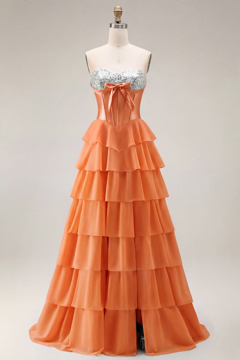 Laden Sie das Bild in den Galerie-Viewer, Rosa Trägerloses A-Linie Korsett Pailletten Langes Ballkleid mit Schlitz