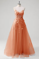 Laden Sie das Bild in den Galerie-Viewer, Blaues Langes A-Linie Korsett Tüll Ballkleid mit Spaghettiträgern und Applikationen