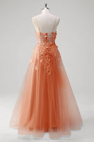 Laden Sie das Bild in den Galerie-Viewer, A-Linie Tüll Spaghettiträger Korsett Applikation Blaues Ballkleid mit Schlitz