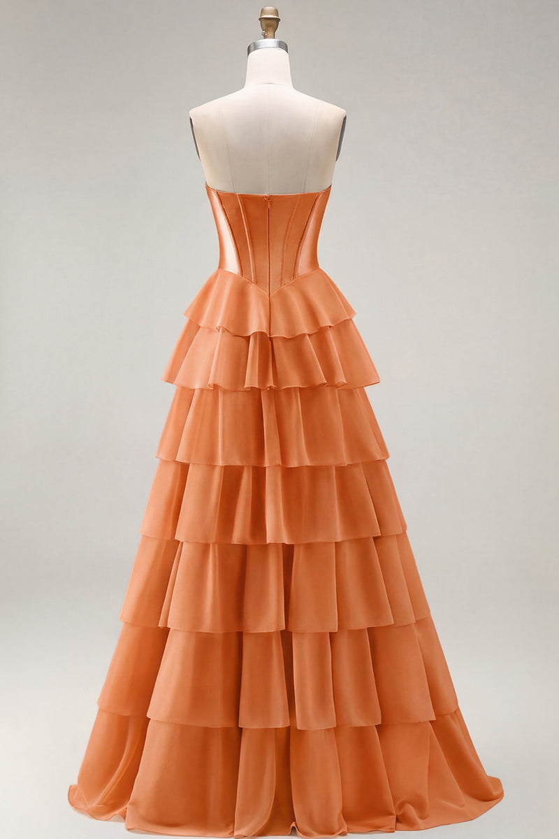 Laden Sie das Bild in den Galerie-Viewer, Rosa Trägerloses A-Linie Korsett Pailletten Langes Ballkleid mit Schlitz