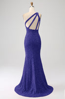 Laden Sie das Bild in den Galerie-Viewer, Mermaid Eine Schulter Fuchsia Pailletten Langes Ballkleid mit Schlitz