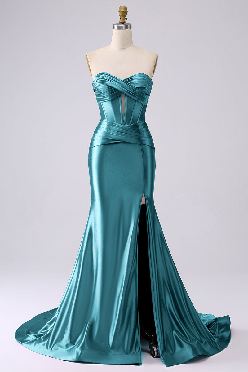 Laden Sie das Bild in den Galerie-Viewer, Fuchsia Trägerloses Satin Meerjungfrauen Korsett Langes Übergröße Ballkleid mit Schlitz