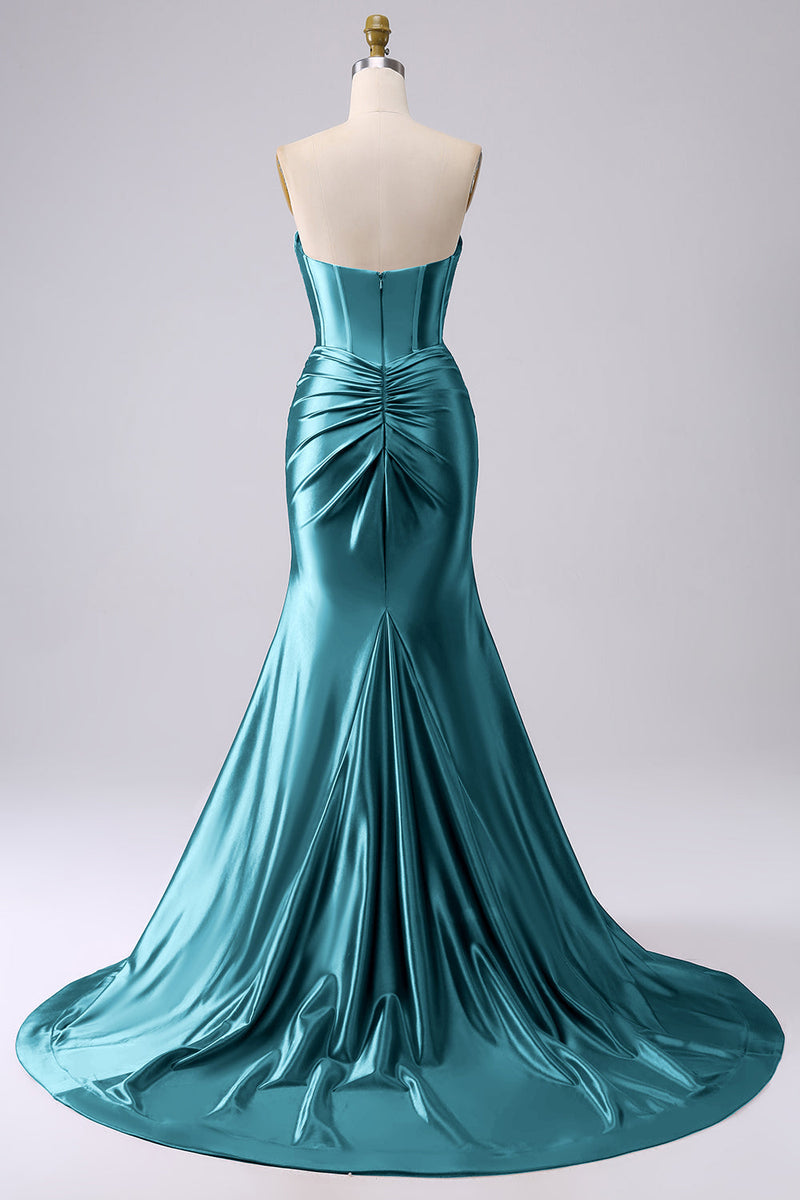Laden Sie das Bild in den Galerie-Viewer, Fuchsia Trägerloses Satin Meerjungfrauen Korsett Langes Übergröße Ballkleid mit Schlitz