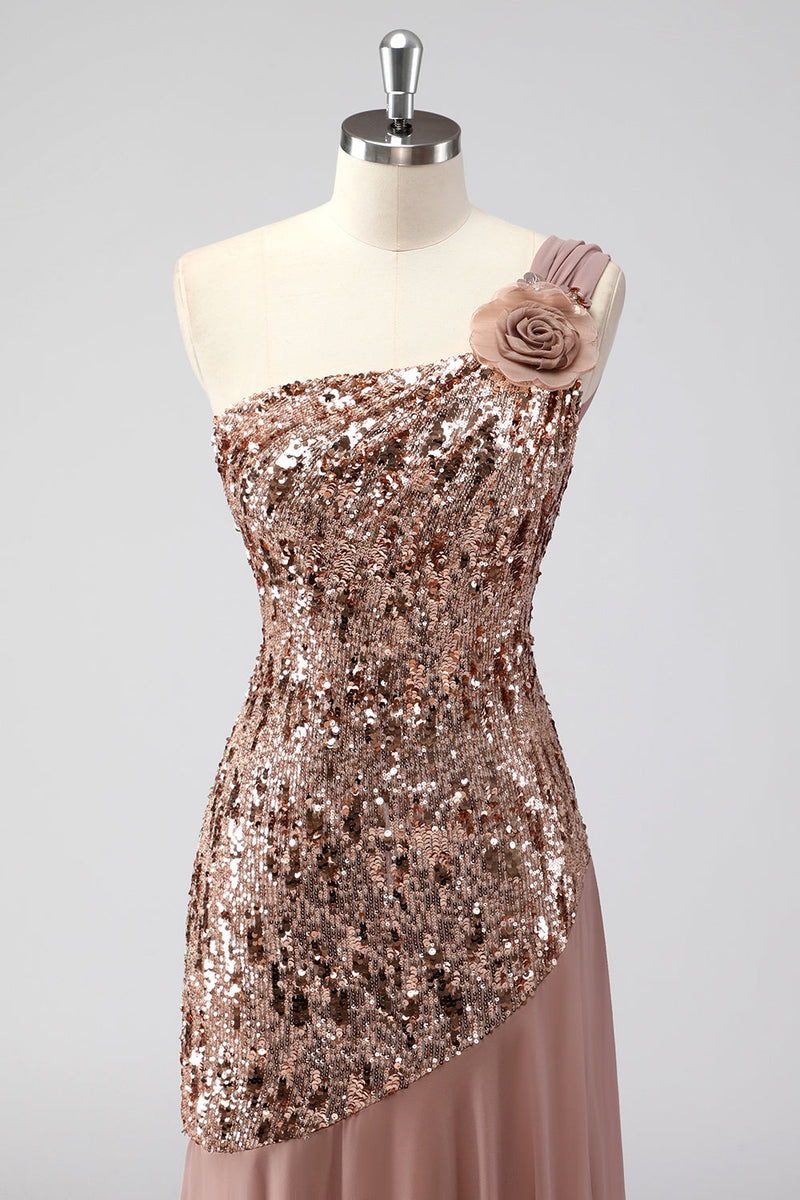 Laden Sie das Bild in den Galerie-Viewer, Glitzerndes Eine Schulter Pailletten Etui Chiffon Kleid für die Brautmutter