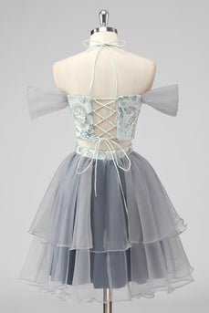 Schulterfreies Ausgeschnittenes Grünes Kurzes Cocktailkleid