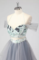 Laden Sie das Bild in den Galerie-Viewer, Schulterfreies Ausgeschnittenes Grünes Kurzes Cocktailkleid