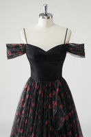 Laden Sie das Bild in den Galerie-Viewer, Schwarzes A Linie Kalte Schulter Bedrucktes Geblümtes Langes Ballkleid mit Schlitz