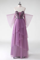 Laden Sie das Bild in den Galerie-Viewer, A-Linie Schulterfreies Lila Pailletten Hochzeitsgastkleid