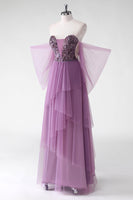 Laden Sie das Bild in den Galerie-Viewer, A-Linie Schulterfreies Lila Pailletten Hochzeitsgastkleid