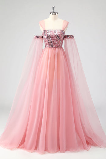 A Linie Rosa Cape Ärmel Schulterfrei Pailletten Formelles Abendkleid