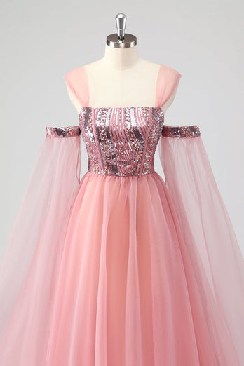 A Linie Rosa Cape Ärmel Schulterfrei Pailletten Formelles Abendkleid