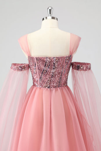 A Linie Rosa Cape Ärmel Schulterfrei Pailletten Formelles Abendkleid