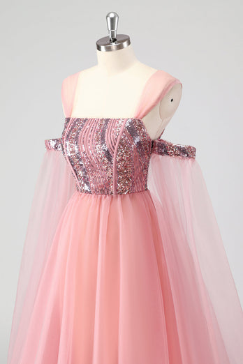 A Linie Rosa Cape Ärmel Schulterfrei Pailletten Formelles Abendkleid