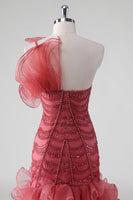 Laden Sie das Bild in den Galerie-Viewer, Eine Schulter Rotes Gestuftes Rüschen Pailletten Abendkleid