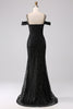 Laden Sie das Bild in den Galerie-Viewer, Schwarzes Meerjungfrauen Kalte Schulter Abschlussballkleid mit Schlitz