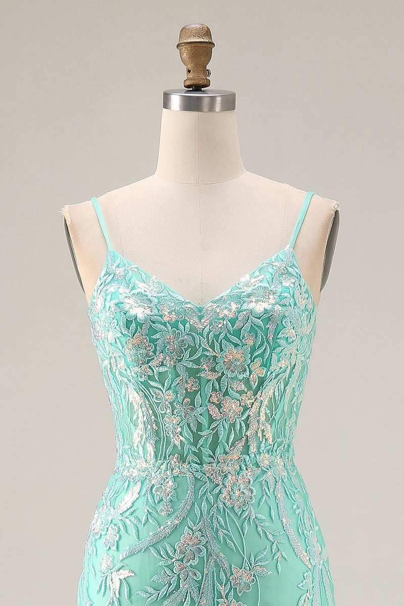 Laden Sie das Bild in den Galerie-Viewer, Meerjungfrauen Pailletten Korsett Langes Mintgrünes Ballkleid mit Stickerei