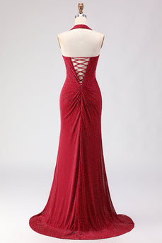 Dunkelrotes Perlen Besetztes Meerjungfrauen Langes Ballkleid mit Schlitz