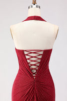 Laden Sie das Bild in den Galerie-Viewer, Dunkelrotes Perlen Besetztes Meerjungfrauen Langes Ballkleid mit Schlitz