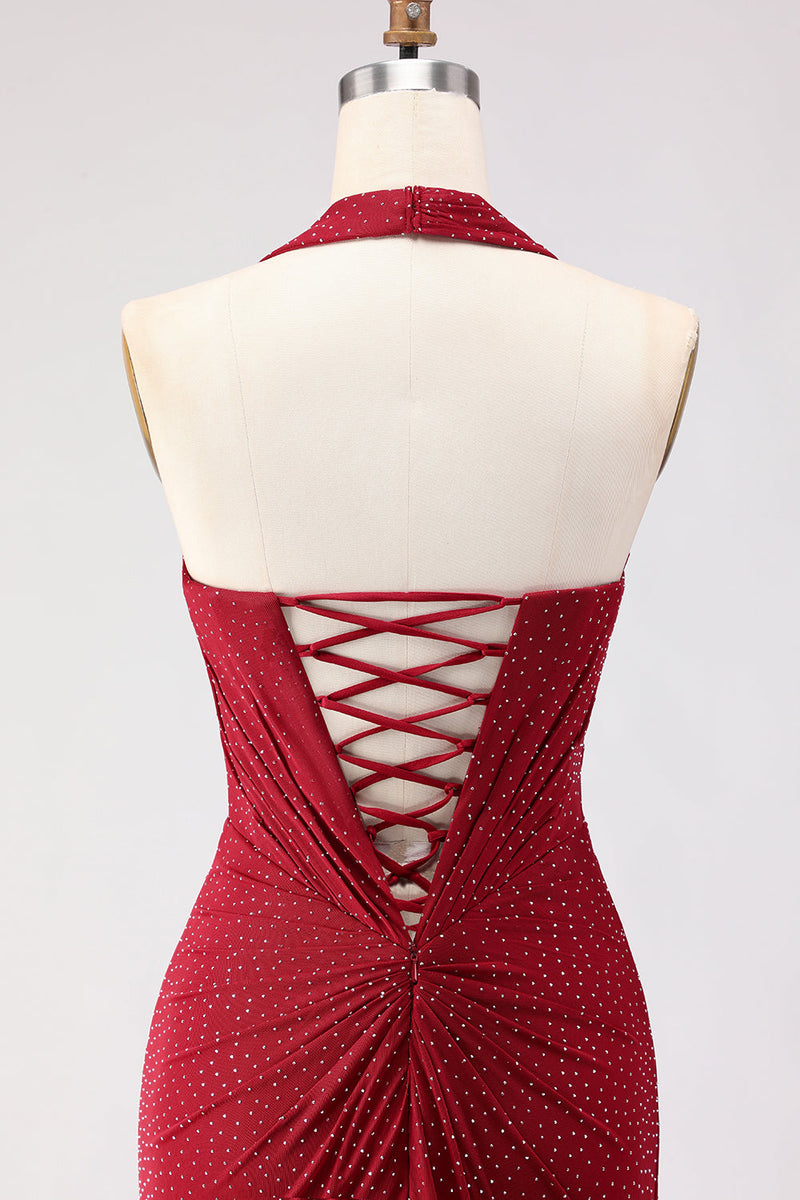 Laden Sie das Bild in den Galerie-Viewer, Dunkelrotes Perlen Besetztes Meerjungfrauen Langes Ballkleid mit Schlitz